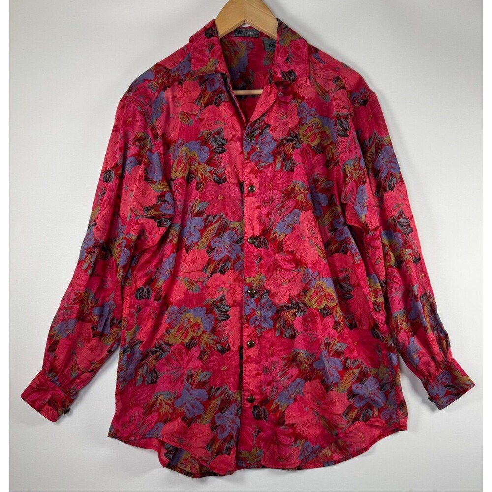 Vintage‎ LizWear Womens Button Up Blouse Small Red Pink Floral Cotton 80s 90s